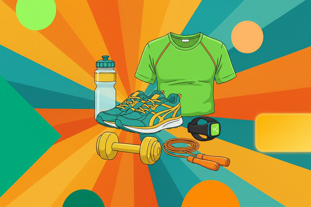 Scarpe, attrezzi, magliette, drink isotonici